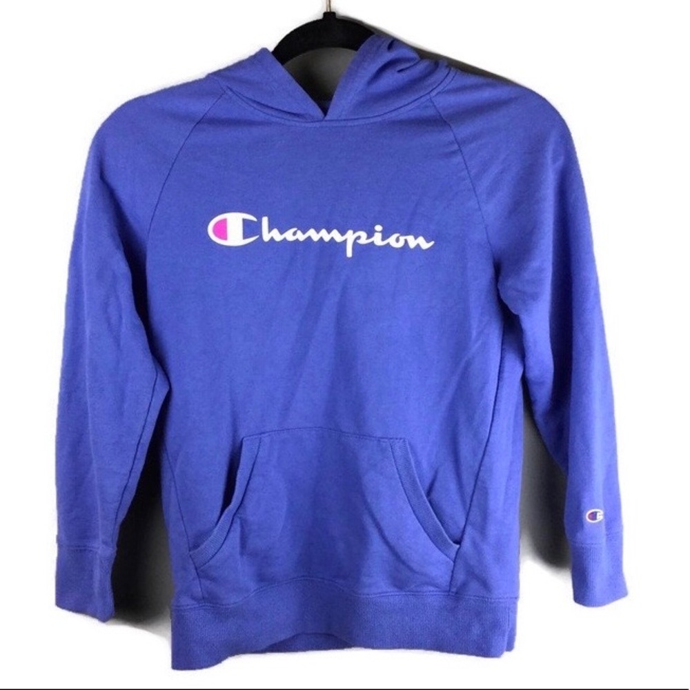 Champion French Terry Script Logo Raglan Sleeve Blue Hoodie Girl’s Size Large - Picture 2 of 11